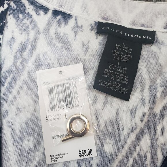 NWT Grace Elements Blue  Boyfriend Cardigan Sweater TBar Closure Size L / A141 - Picture 6 of 7